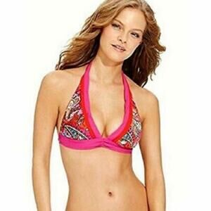 Becca pink paisley removable padded boho triangle bikini top size small New